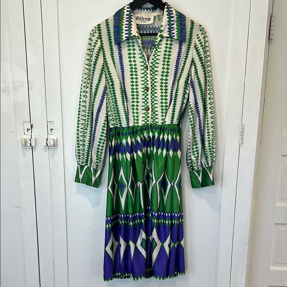 VINTAGE - 70s Green & Blue Patterned Dress